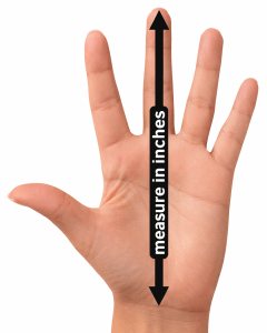 a photo of the palm of the hand giving instructions to measure the hand from where the palm and wrist meet up to the tip of the middle finger suggesting a measurement in inches