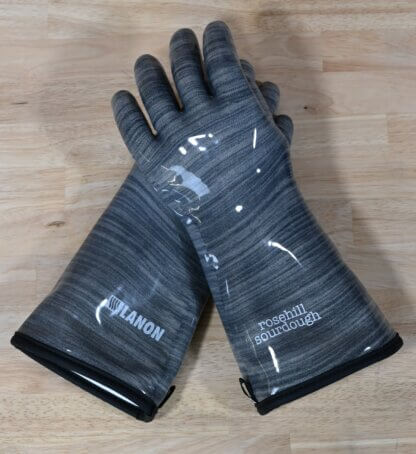 Two oven gloves showing the branding "rosehill sourdough" and "Lanon"